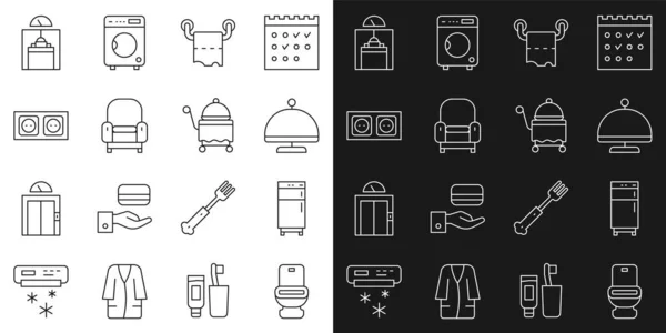 Set line Toilettenschüssel, Kühlschrank, mit Tablett, Papierrolle, Sessel, Steckdose, Lift und Symbol abgedeckt. Vektor — Stockvektor