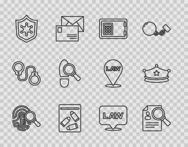 Set line Fingerprint, Paper analysis magnifying, Safe, Evidence bag and bullet, Police badge, Footsteps, Location law and cap with cockade icon. Vector — Stock vektor