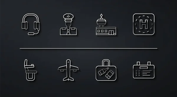 Establecer auriculares de línea con micrófono, asiento del avión, plataforma de aterrizaje del helicóptero, maleta, avión, piloto, placa del aeropuerto y el icono de la torre de control. Vector — Archivo Imágenes Vectoriales