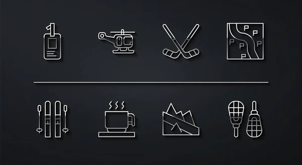 Imposta il distintivo identificativo della linea, sci e bastoni, posizione del percorso, discesa in montagna, tazza di cioccolata calda, elicottero di soccorso, racchette da neve e icona dell'hockey su ghiaccio. Vettore — Vettoriale Stock