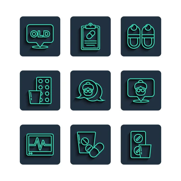 Set-Linie Monitor mit Kardiogramm, Medikamententablette, Pillen Blisterpackung, Hausschuhe, Großmutter, Pflegeheim und Symbol. Vektor — Stockvektor