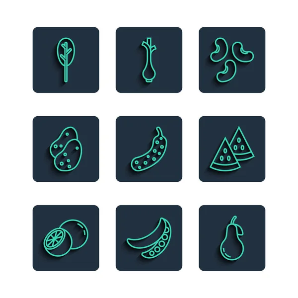 Set line Orange fruit, Green peas, Pear, Beans, Fresh cucumber, Potato, Spinach and Watermelon icon. Vector — 图库矢量图片