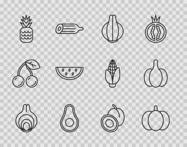 Набор линии Лук, тыква, фрукты авокадо, ананас, арбуз, сливы и чеснока икона. Вектор — стоковый вектор