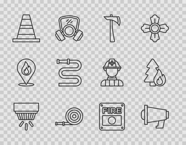 Set line Smoke alarm system, Megaphone, Firefighter axe, hose reel, Traffic cone, and Burning forest tree icon. Vector — Stock Vector