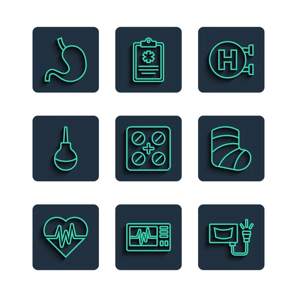 Set line Heart rate, Monitor with cardiogram, Ultrasound, Hospital signboard, Pills in blister pack, Enema, Human stomach and Gypsum icon. Vector — Stock Vector