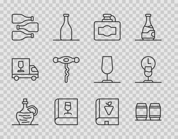 Set line Wine in italian fiasco bottle, Wooden barrel for wine, Cardboard box of, Book about, Bottles, corkscrew, grapes and time icon. Vector — 图库矢量图片