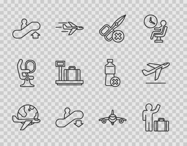 Установите линию Глобус с летающим самолетом, Туристический чемодан, без ножниц, Эскалатор вниз, вверх, масштаб, самолет и взлет значок. Вектор — стоковый вектор