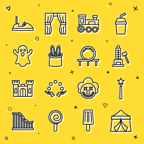 Sirk çadırı, sihirli değnek, çekiçli Striker cazibesi, oyuncak tren, sihirli tavşan kulakları, Ghost, Bumper Car ve lunapark treni ikonu. Vektör