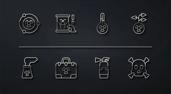 Set line Radioactief, Kerncentrale, Brandblusser, Straling nucleaire koffer, afvalvat, Botten en schedel waarschuwing en Meteorologie thermometer icoon. Vector — Stockvector