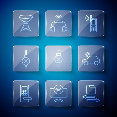 Dijital kapı kilidi, Smart Tv sistemi, transfer dosyaları, kablosuz mobil kablosuz mobil kablo, ses kablosu, uydu anteni ve araba simgesi olmadan ayarlayın. Vektör