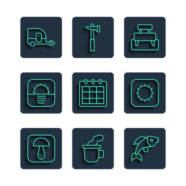 Set hattı, mantar, bir fincan çay, Fish, Bench, takvim, Sunrise, karavan ve ikon. Vektör