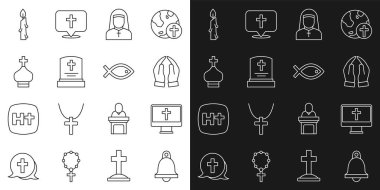 Kilise çanı, Hıristiyan haçı, dua pozisyonu Nun, mezar taşı, kilise kulesi, yanan mum ve balık sembolü simgesi. Vektör