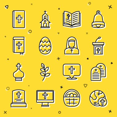 Hristiyan haçı, kutsal kitap, kilise vaazı tribünü, Paskalya yumurtası ve rahibe ikonu. Vektör