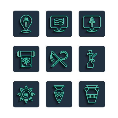 Güneş, Mısır vazosu, Haç Ankh, Crook and Flail, Papirüs parşömeninde Horus 'un Gözü ve Nargile ikonu. Vektör