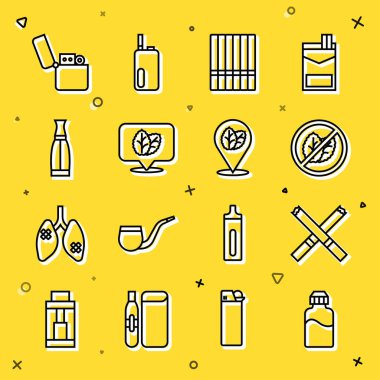 Vape sıvı şişesi, sigara, tütün yaprağı, tütün, çakmak ve ikon yok. Vektör