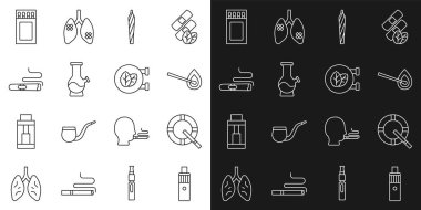 Vape mod cihazı, sigaralı kül tablası, yanan kibrit, esrar, esrar, esrar, esrar, Bong, Puro, kibrit kutusu, kibrit kutusu ve tütün yaprağı dükkânı ikonu. Vektör