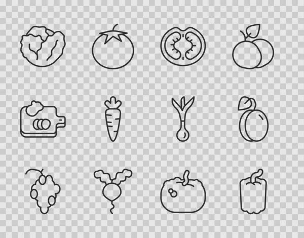 Setzeile Traubenfrüchte, Paprika, Tomaten, Radieschen, Kohl, Karotten, Kürbis und Pflaumen Symbol. Vektor — Stockvektor