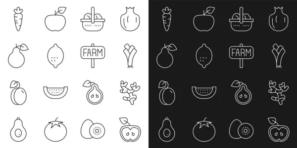 Définir la ligne pomme, racine de gingembre, poireau, panier et nourriture, citron, poire, carotte et emplacement icône de la ferme. Vecteur — Image vectorielle