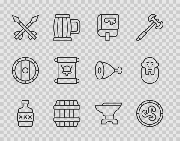 Set line Whiskey bottle, Shield viking, Viking book, Wooden barrel, Medieval arrows, Decree, perchment, scroll, Anvil for blacksmithing and head icon. Vector — Vector de stock