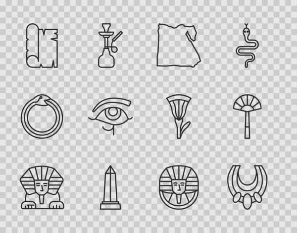 Set line Sfinge, Collana egizia, Mappa di, Obelisco Alessandria, Papiro scorrimento, Eye Horus, faraone e icona del ventilatore. Vettore — Vettoriale Stock
