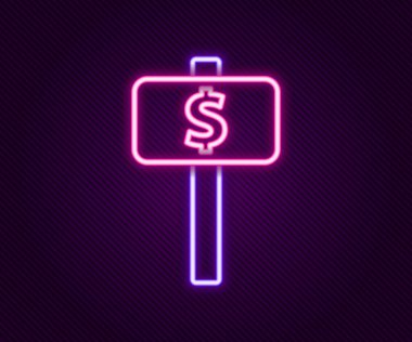 Parlayan neon hat Hand açık arttırma raket simgesini siyah arka planda tutuyor. Teklif konsepti. Açık arttırma yarışması. BID yazıtları olan el kaldırma işaretleri. Renkli taslak konsepti. Vektör