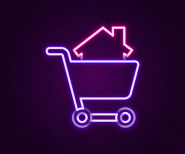Siyah arka planda ev ikonu olan parlak neon çizgili alışveriş arabası. Ev konsepti al. Ev kredisi konsepti, kira, mülk satın alma. Renkli taslak konsepti. Vektör — Stok Vektör