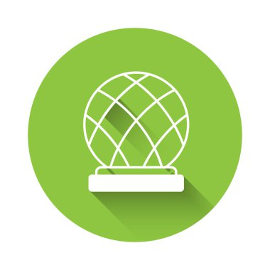 Beyaz Montreal Biyosfer simgesi uzun gölge arkaplanı ile izole edilmiş. Yeşil daire düğmesi. Vektör