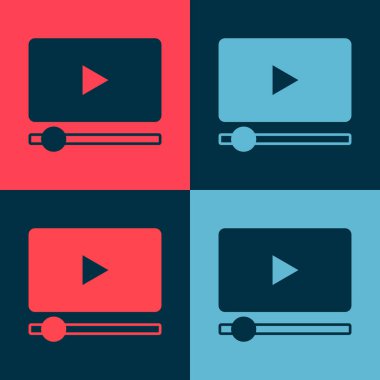 Pop art Online video oynatma simgesi renk arkaplanında izole edildi. Oyun işaretli film şeridi. Vektör