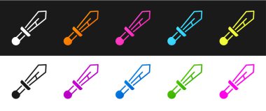 Ortaçağ kılıç simgesini siyah beyaz arkaplanda izole et. Ortaçağ silahı. Vektör