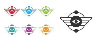 Siyah Mısır sembolü kanatlı güneş ikonu beyaz arka planda izole edilmiş. Simgeleri renklendirin. Vektör