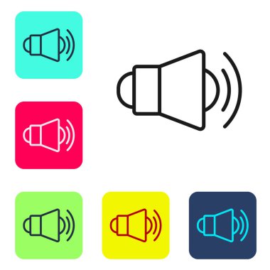 Siyah çizgi Megafon simgesi beyaz arkaplanda izole edildi. Sözcü işareti. Renkli kare düğmelerle simgeleri ayarla. Vektör