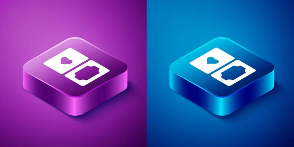 Izometrický balíček hracích karet ikony izolované na modrém a fialovém pozadí. Hazard v kasinu. Tlačítko. Vektor — Stockový vektor