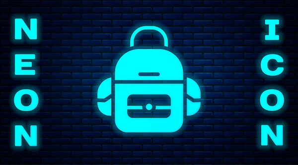 Gloeiende neon School rugzak pictogram geïsoleerd op baksteen muur achtergrond. Vector — Stockvector