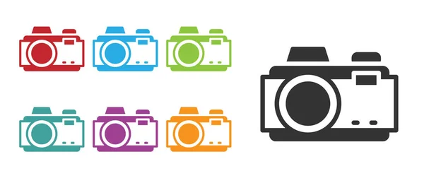 Zwart fotocamera pictogram geïsoleerd op witte achtergrond. Foto camera. Digitale fotografie. Stel pictogrammen kleurrijk. Vector — Stockvector