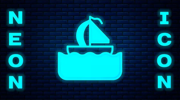 Leuchtende Neon-Yacht-Segelboot oder Segelschiff-Symbol isoliert auf Backsteinwand Hintergrund. Segel-Boot-Kreuzfahrt. Vektor — Stockvektor