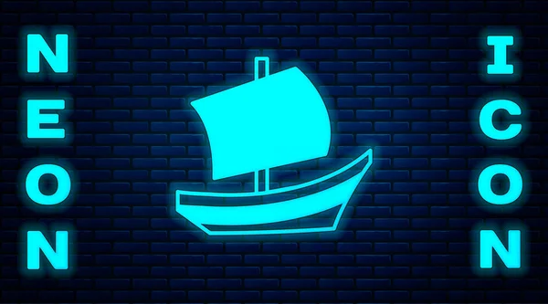 Parlayan neon renkli Mısır gemisi simgesi tuğla duvar arkasında izole edilmiş. Mısır papirüs teknesi. Vektör — Stok Vektör
