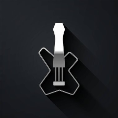 Silver Electric bass guitar icon isolated on black background. Long shadow style. Vector.