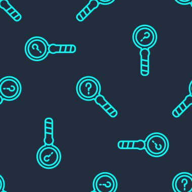 Yeşil çizgi Bilinmeyen arama simgesi mavi arkaplanda izole edilmiş pürüzsüz desen. Büyüteç ve soru işareti. Vektör.