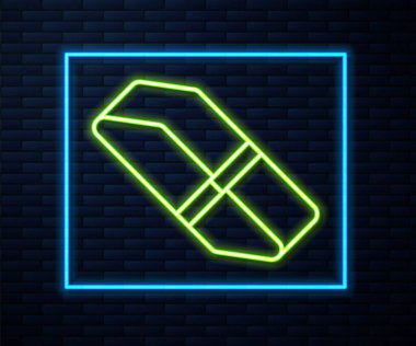 Parlayan neon çizgisi silgisi ya da tuğla duvar arka planında izole edilmiş kauçuk simge. Vektör.