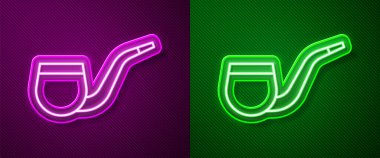 Parlayan neon hattı mor ve yeşil arka planda izole edilmiş pipo tüttürme ikonu yok. Sigara içme. Tütün piposu. Vektör.