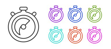 Siyah çizgi Stopwatch simgesi beyaz arkaplanda izole edildi. Zaman göstergesi. Kronometre işareti. Simgeleri renklendirin. Vektör.