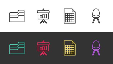 Satır Belge dizinini, diyagramı, Dosya belgesi ve ofis sandalyesini siyah beyaz olarak ayarla. Vektör.
