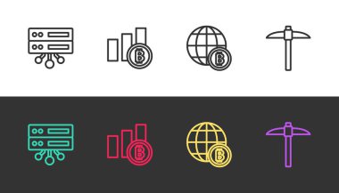 Satır Sunucusu, Pasta grafiği, bitcoin, Globe Bitcoin ve Pickaxe 'yi siyah beyaz olarak ayarla. Vektör.