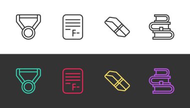 Madalya, sınav kağıdı, yanlış cevaplar, silgi lastiği ve siyah beyaz üzerine kitap. Vektör.