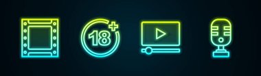 Play Plus 18 filmi Online play ve Microphone 'u ayarla. Parlayan neon ikonu. Vektör.