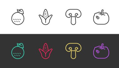 Portakallı ve mantarlı mısır ve balkabağı çizgisini siyah ve beyaza ayarla. Vektör.