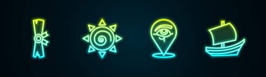Çizgiyi Papirüs parşömeni Horus 'un Güneş Gözü ve Mısır gemisi olarak ayarla. Parlayan neon ikonu. Vektör.