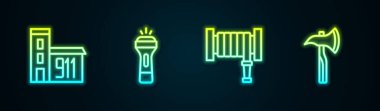 Yangın söndürme hortumu ve itfaiye baltası hattını hazırlayın. Parlayan neon ikonu. Vektör.