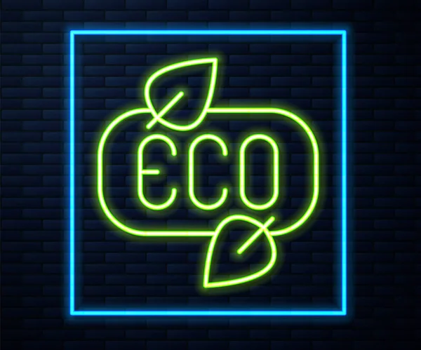 Gloeiende Neon Lijn Leaf Eco Symbool Pictogram Geïsoleerd Baksteen Muur — Stockvector
