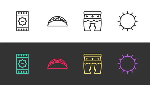 Поставить Мексиканский Ковер Taco Тортиками Huehuetl Sun Черном Белом Вектор — стоковый вектор